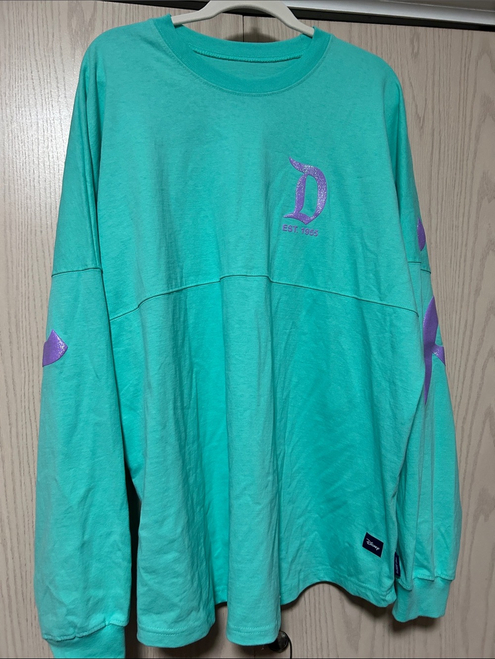 Disney Teal Long-Sleeve Crewneck with Purple Logos